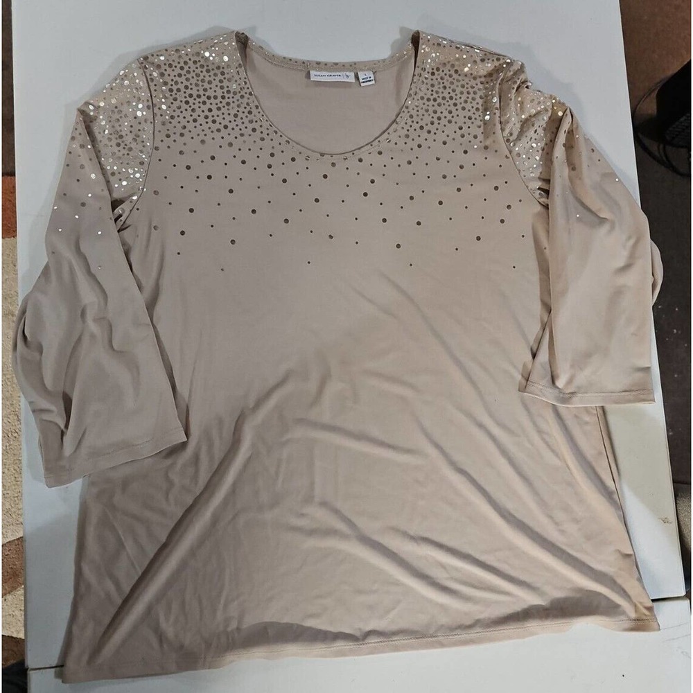 Susan Graver Tunic Top Shirt SZ L 3/4 Sleeve Beige Lettuce Ruffle/Tiered Knit